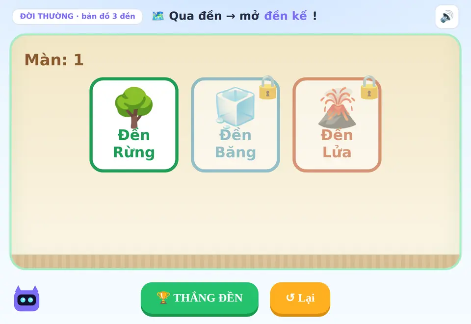 App minh họa nhiều màn — thắng đền này mới mở khóa đền kế