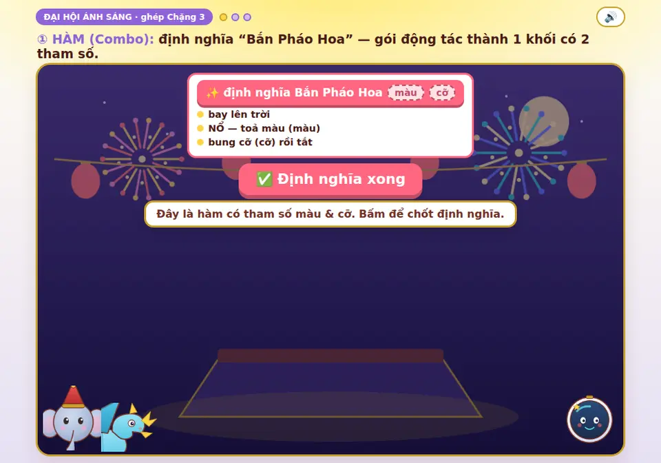 Đại Hội Ánh Sáng — định nghĩa hàm “Bắn Pháo Hoa” có tham số màu & cỡ