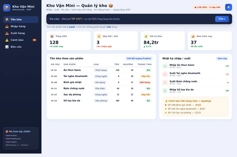 Kho Vận Mini — quản lý kho bằng OOP, tra cứu sản phẩm bằng hash O(1)