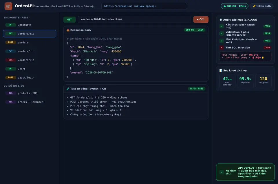 OrderAPI — backend đặt hàng Shopee-lite: REST, đăng nhập token, audit bảo mật